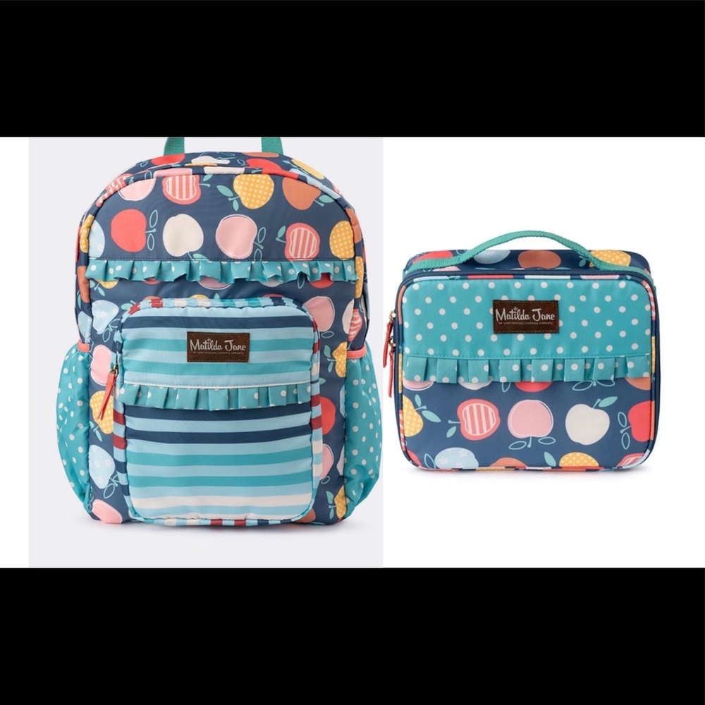 NWT Matilda Jane Homework Time Apple Backpack Bluelady Lunchbox Set